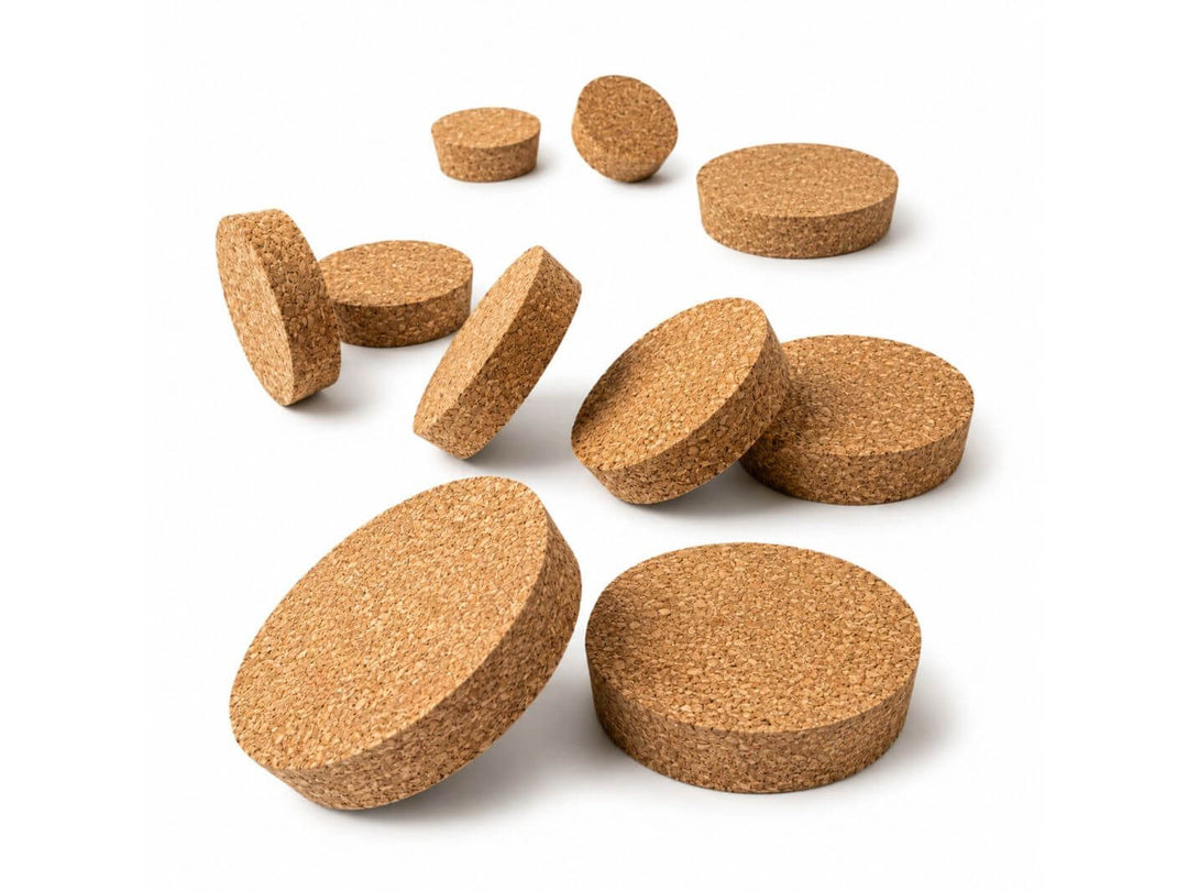 Several round cork discs in various sizes scattered on a plain white background.