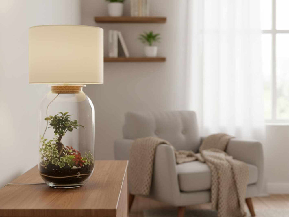 Decorative lamp with a terrarium design on a wooden table in a living room.