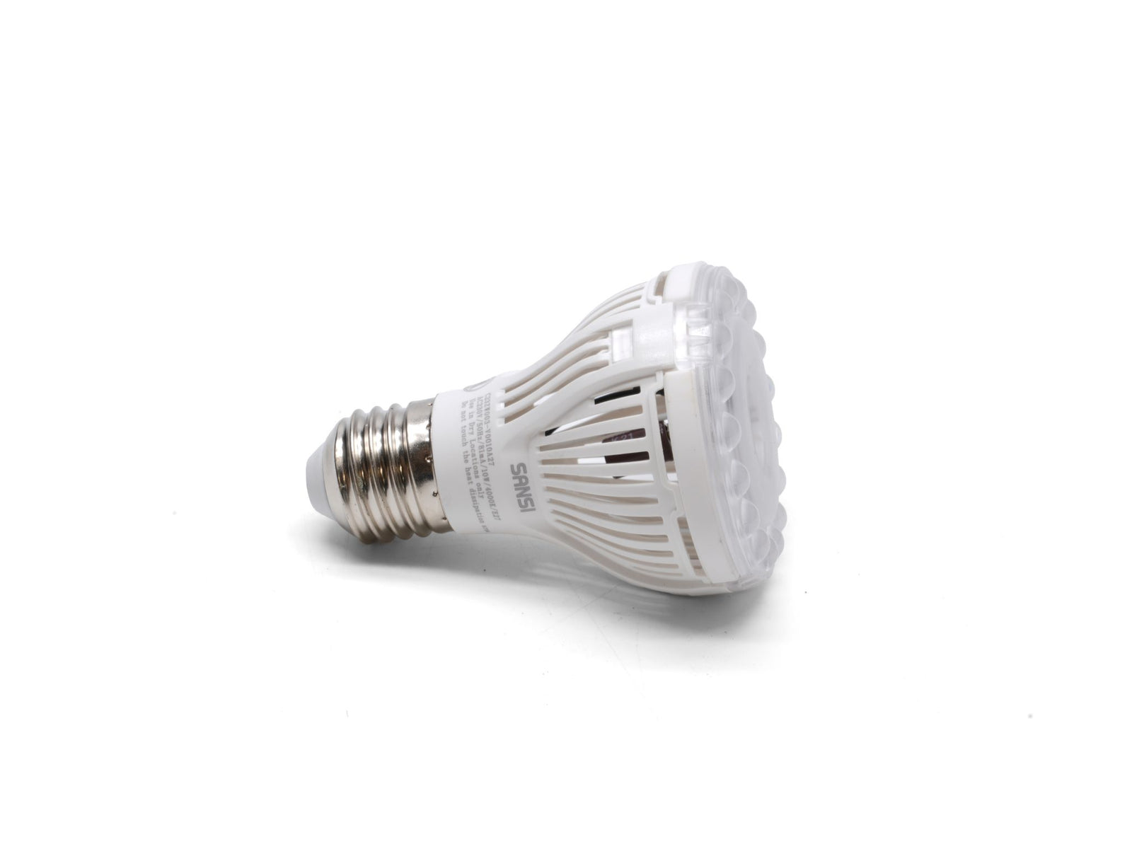 A white LED grow lamp with a bulbous design and an E27 base is shown on a plain white background. The lamp features a textured surface and multiple small openings for light diffusion, indicating its suitability for plant growth indoors.