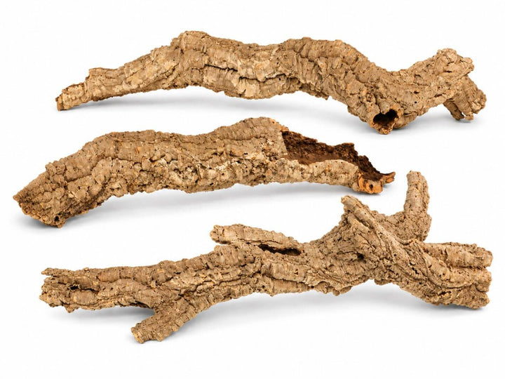 Three natural cork bark pieces with rough, textured surfaces in shades of tan and brown, arranged horizontally on a plain white background.