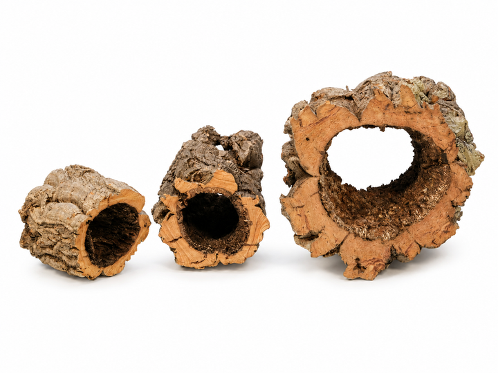 Three natural cork bark tunnels of varying sizes arranged in ascending order on a plain white background.