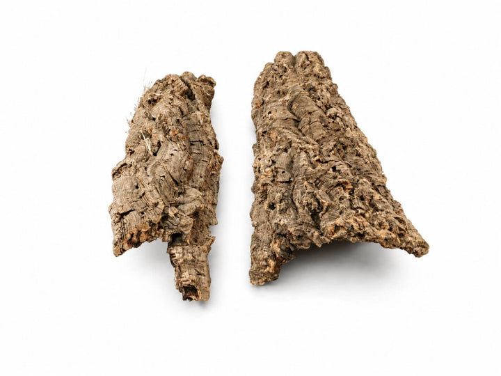 Two rough, bark-like natural pieces in earthy brown and tan tones, photographed on a clean white background.