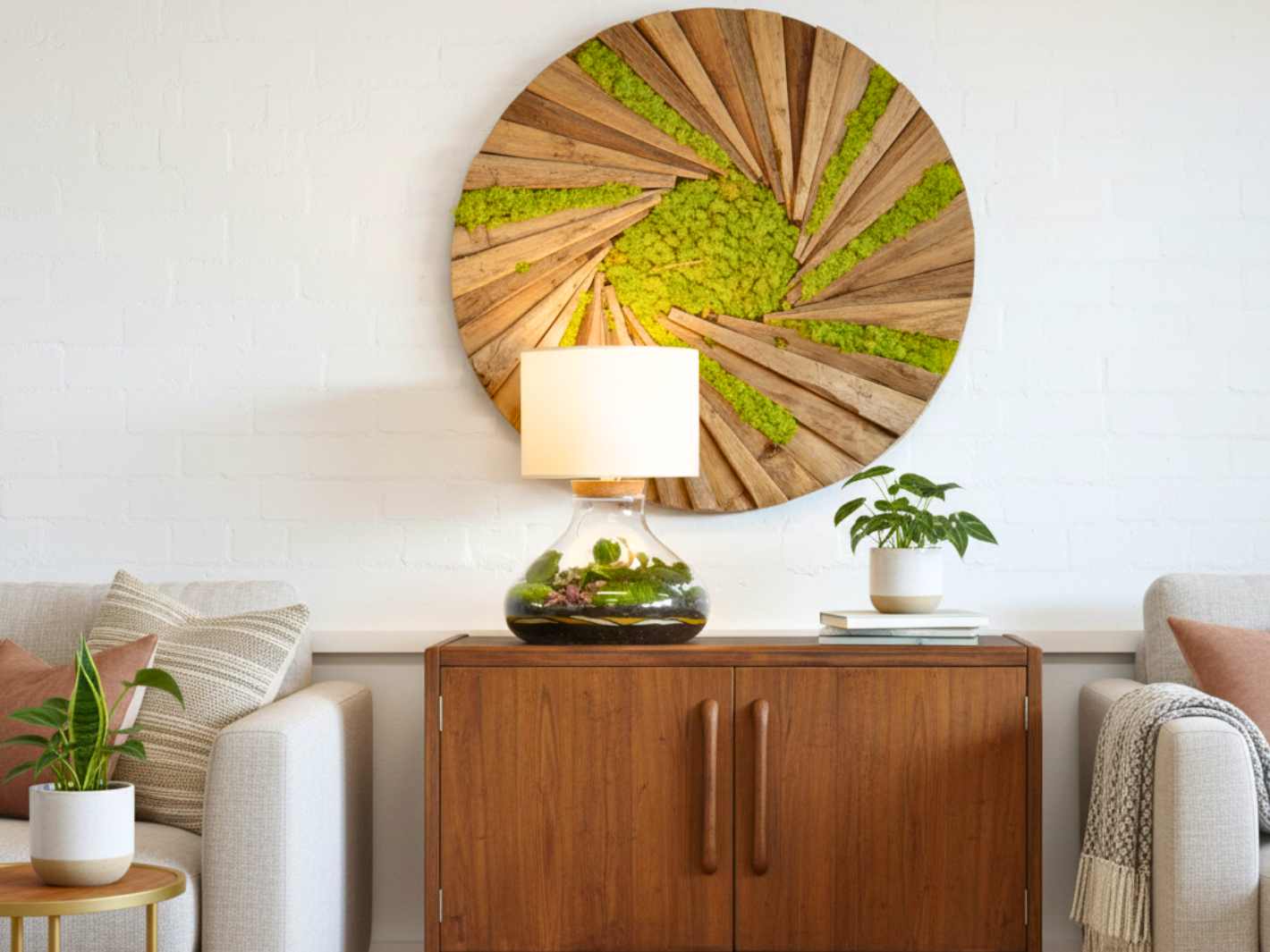 A stylish living room features a wooden cabinet adorned with a terrarium lamp showcasing lush greenery inside a glass container. Above it, a circular wall art piece with a spiral design complements the natural aesthetic of the space.