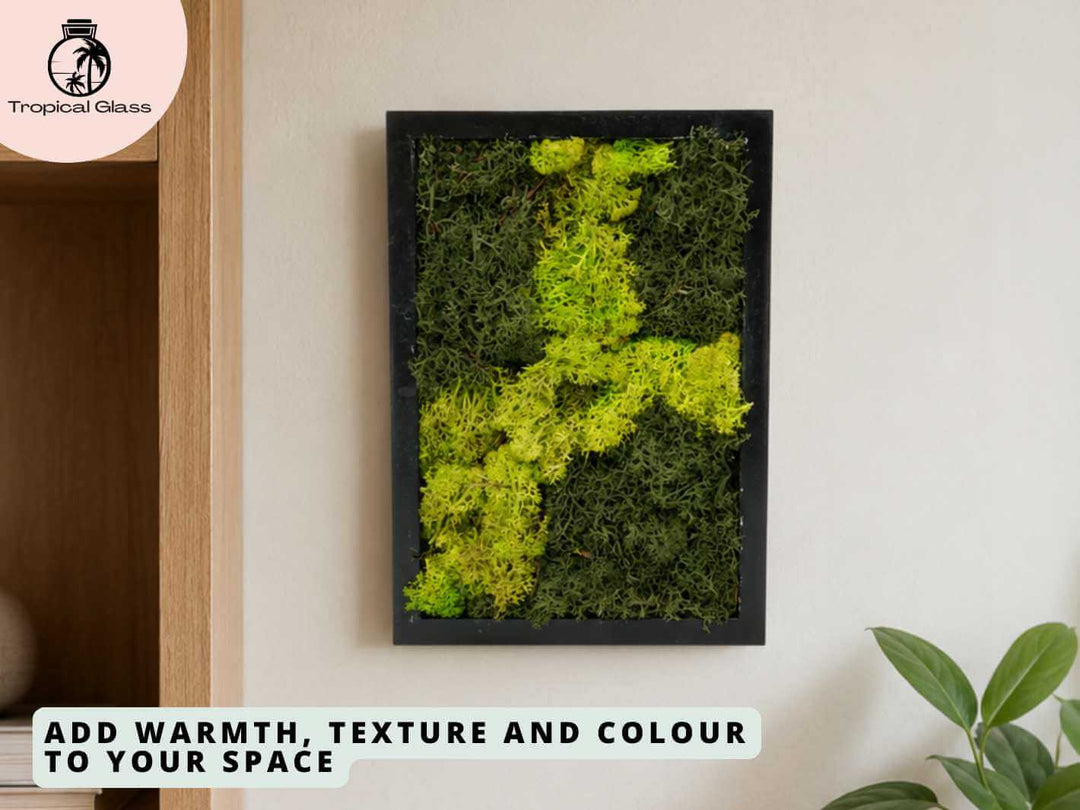 Preserved moss wall art frame displayed vertically, suitable for hanging horizontally or vertically in the home
