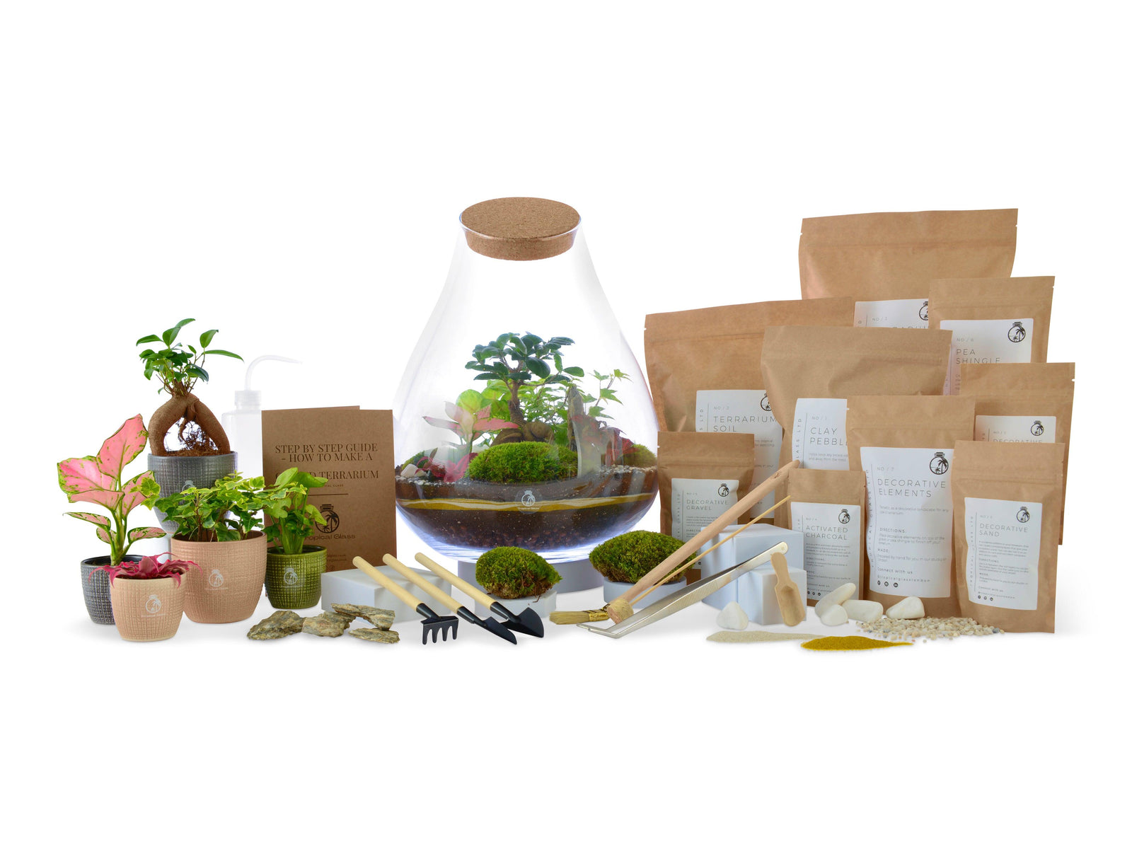 A closed DIY terrarium kit is displayed, featuring a large glass container with a cork lid, small potted plants, decorative stones, and various packets of soil and materials.