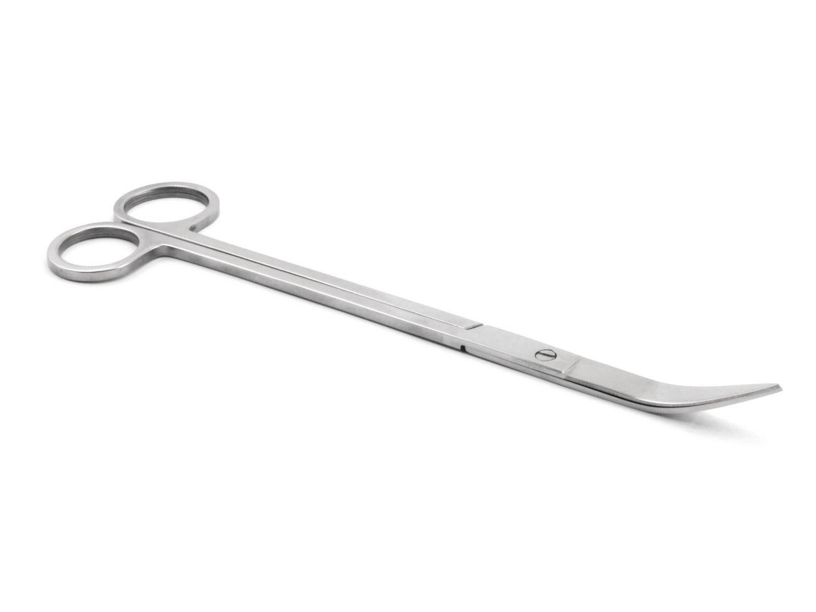 A pair of curved long scissors made of stainless steel, featuring a sleek design and large finger holes for comfort. The blade has a gently curved tip, ideal for precise trimming in tight spaces like terrariums and aquariums.
