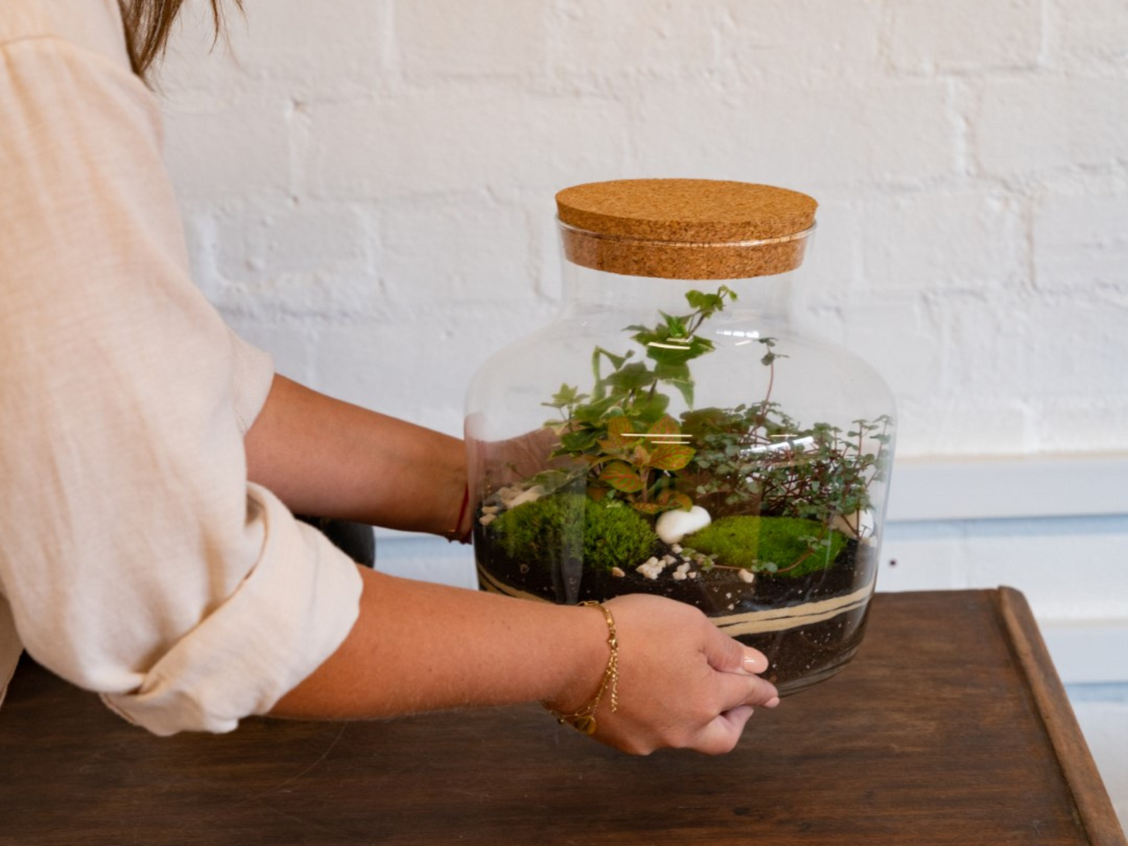 A person is holding a glass terrarium with a cork lid, showcasing various green plants, including moss, soil, and decorative stones inside. The terrarium is set against a white brick wall, highlighting its vibrant greenery.