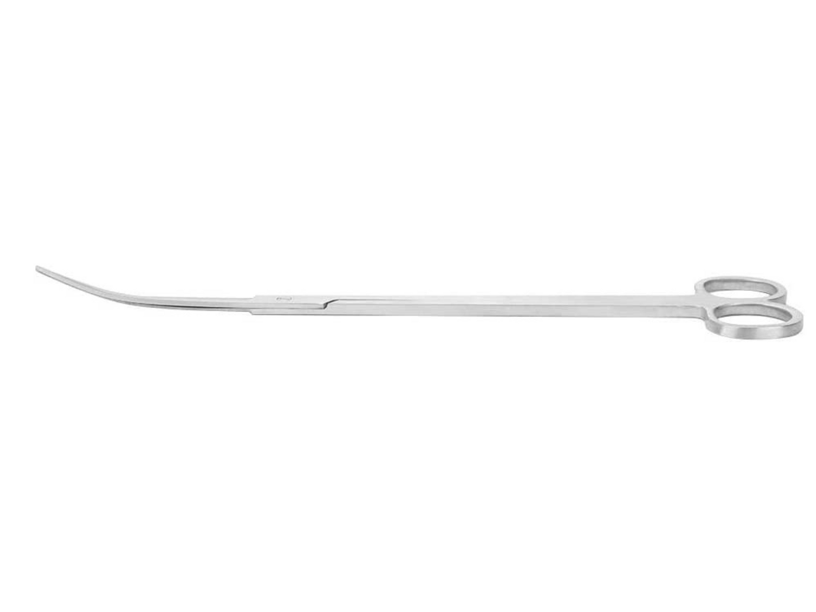 Stainless steel curved long scissors with a sleek design and comfortable finger loops. The curved blade enhances access for precise trimming in various settings, making them ideal for gardening and plant maintenance.