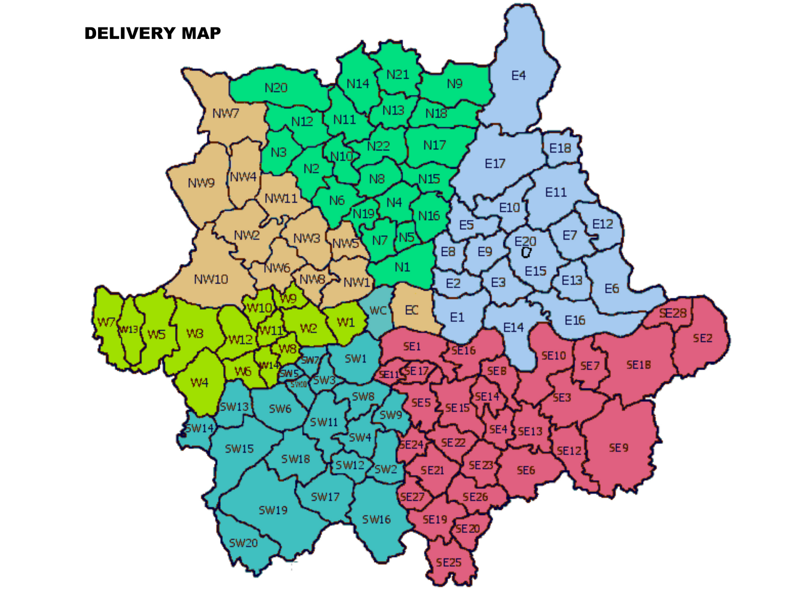 A detailed delivery map of London, divided into various color-coded areas representing different postal codes. The map outlines regions with clear boundaries, making it easy to identify delivery zones.