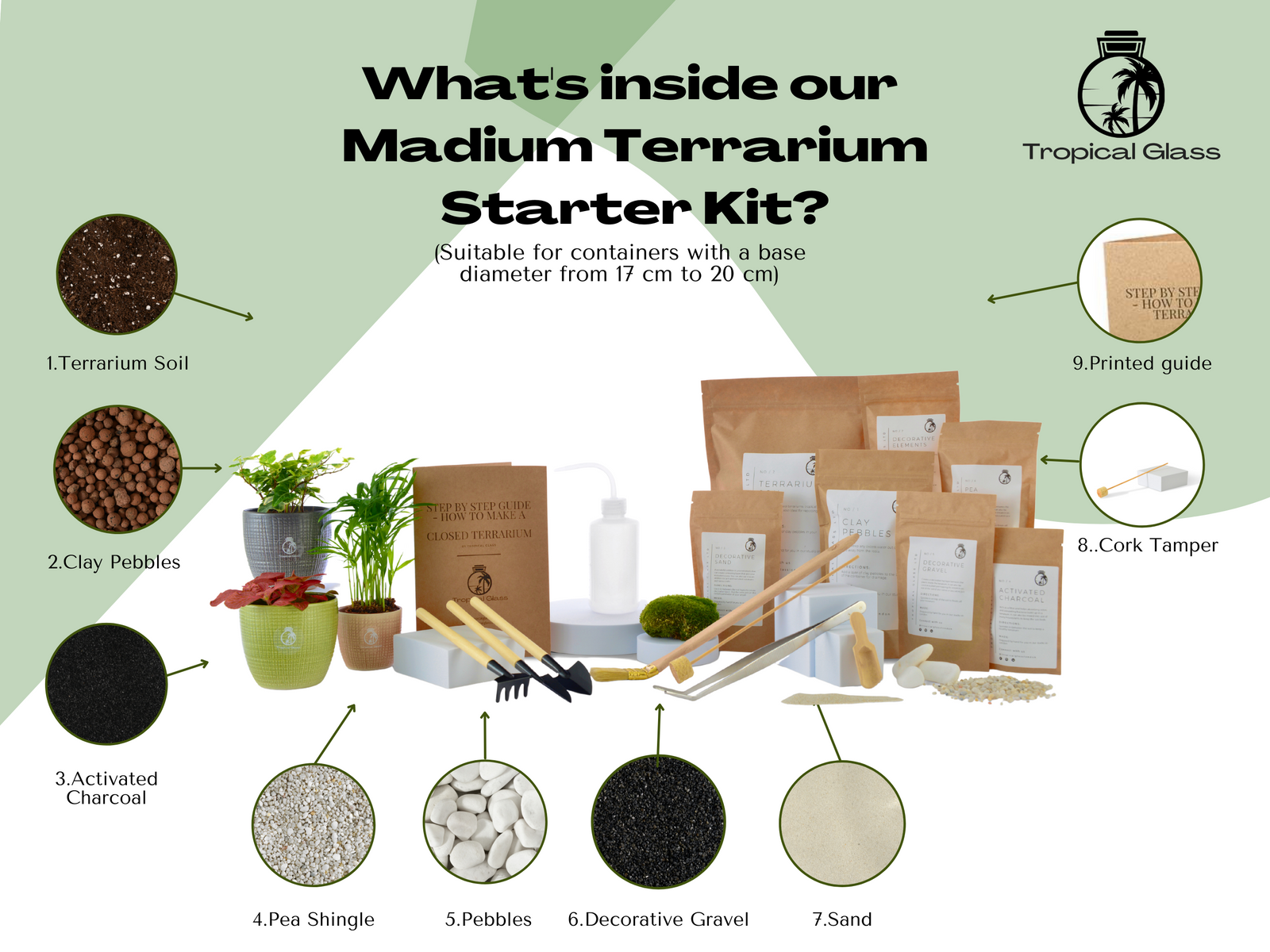 An organized display of the Medium DIY Terrarium Starter Kit includes terrarium soil, clay pebbles, activated charcoal, decorative gravel, and a printed guide.