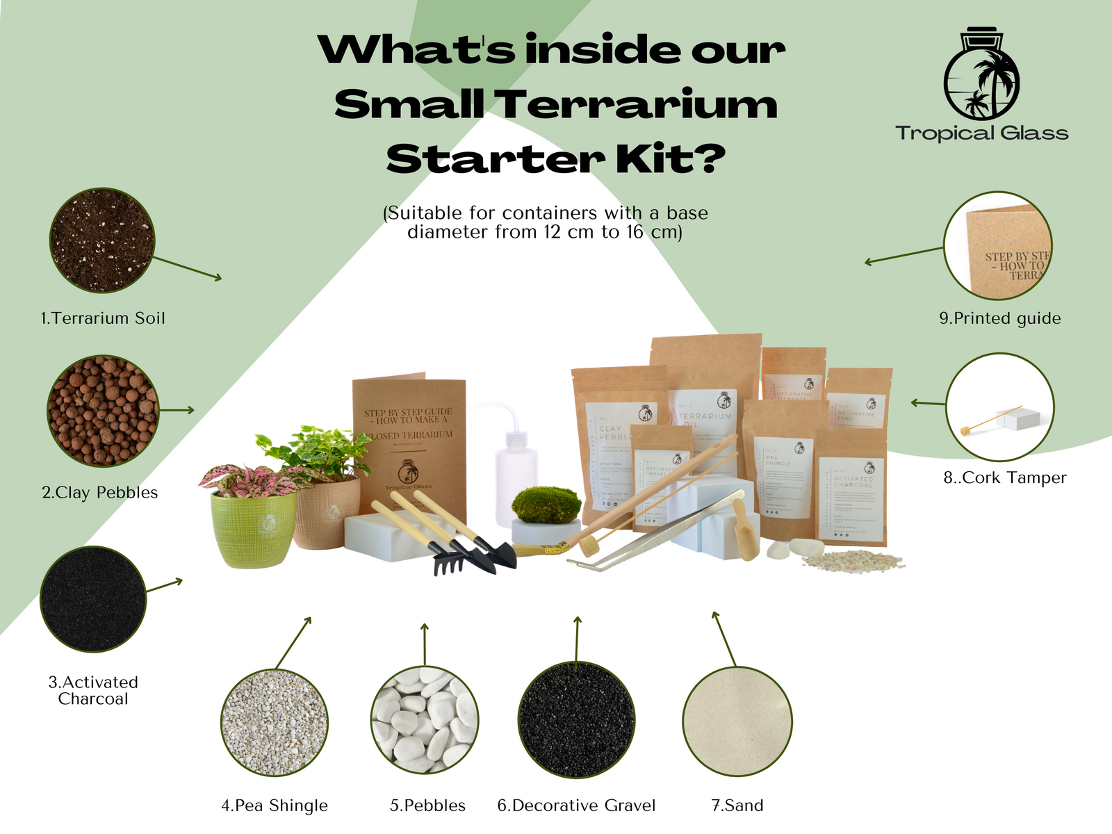 An organized layout displays the contents of a small terrarium starter kit, including terrarium soil, clay pebbles, activated charcoal, decorative gravel, and a printed guide.