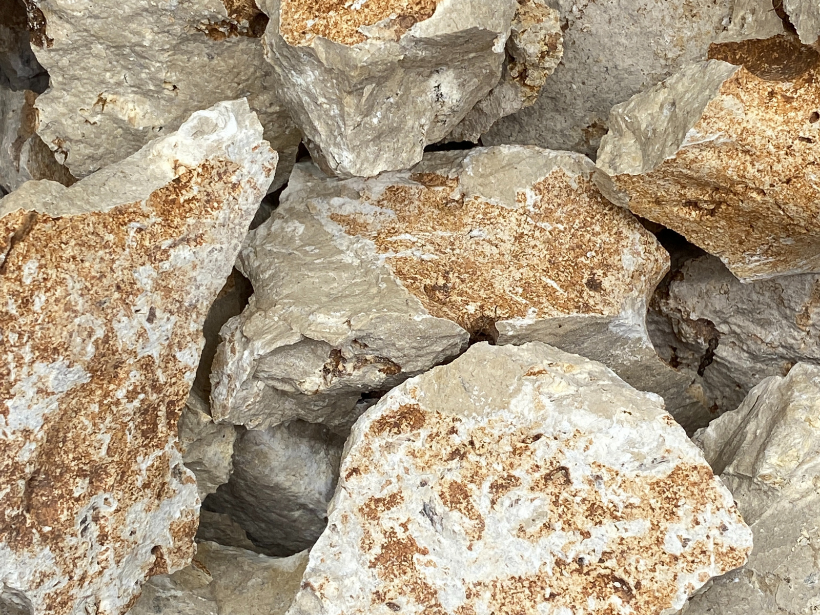 A close-up view of a collection of rough, textured stones in various sizes, featuring a mix of light gray and brown colors. The stones have irregular shapes and surfaces, showcasing natural patterns and textures that add visual interest.