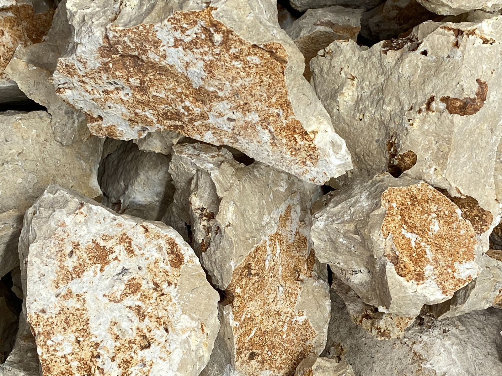 A close-up view of various decorative meteor stones, showcasing a mix of light beige and cream colors with distinct brown patterns.
