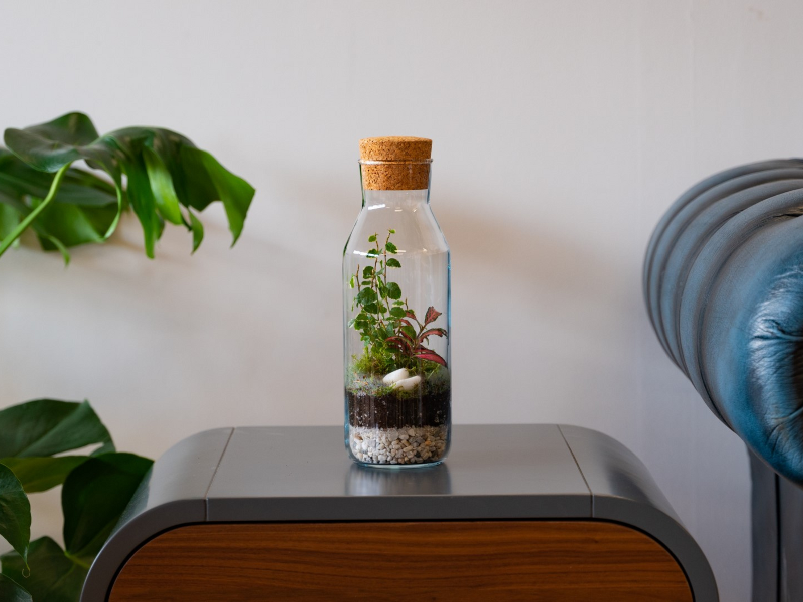 A glass terrarium in the shape of a bottle sits on a sleek, modern table. The terrarium features layers of soil, small plants, and decorative stones, with a cork lid on top, surrounded by greenery in the background.
