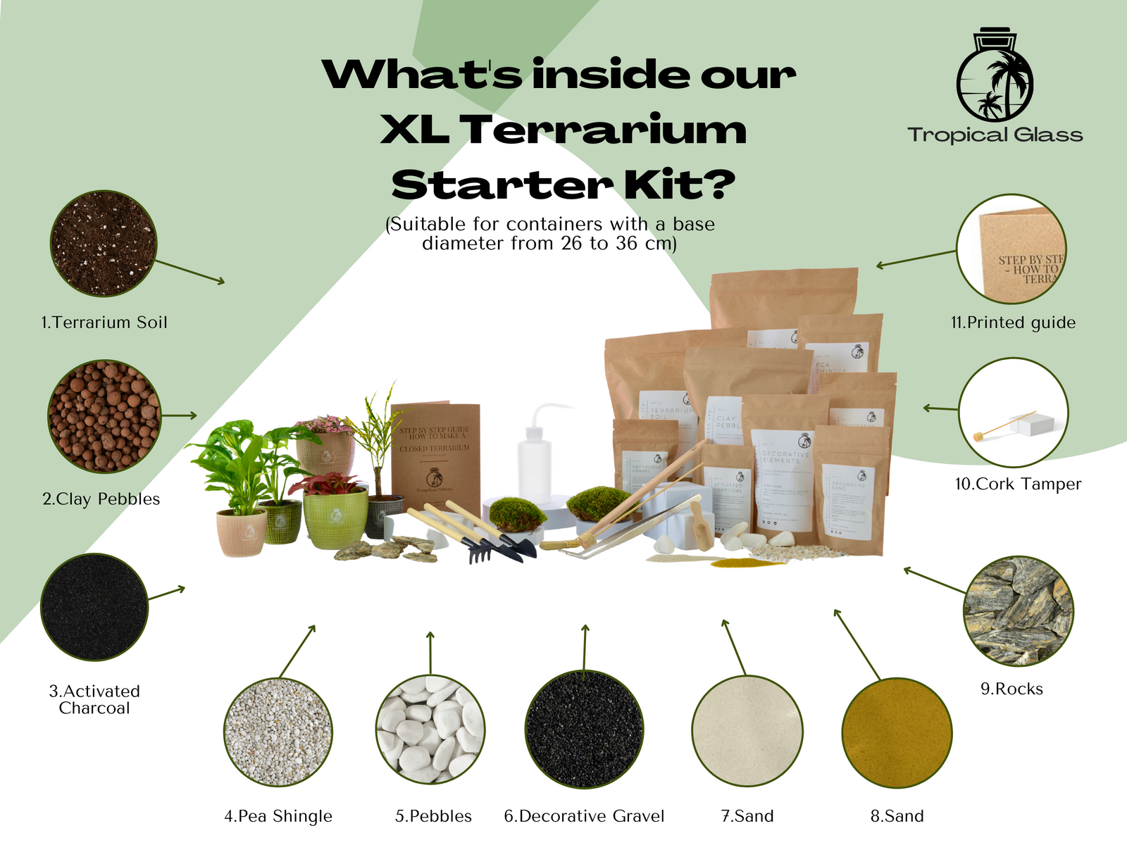 An organized display of the components included in the XL DIY Terrarium Starter Kit, featuring terrarium soil, clay pebbles, activated charcoal, decorative gravel, and various tools.